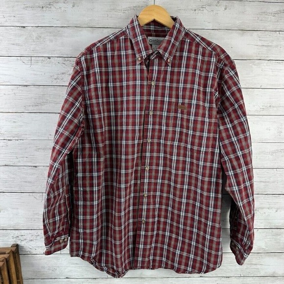Carhartt Mens Large Shirt long Sleeve Button Down Workwear‎ Dark Red S153 plaid - Picture 1 of 10